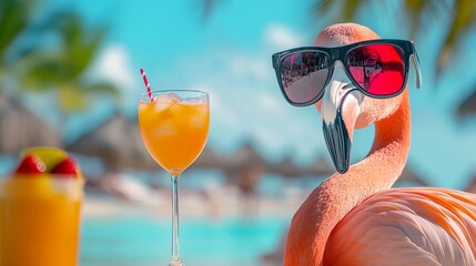 Flamingo wearing sunglasses and a straw in a glass of orange juice. The flamingo is standing on a beach with a glass of orange juice and a straw in front of it