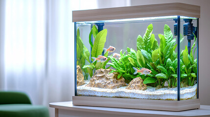 Aquarium with Plants Stones and Goldfish Swimming Peacefully in Clean Water Environment