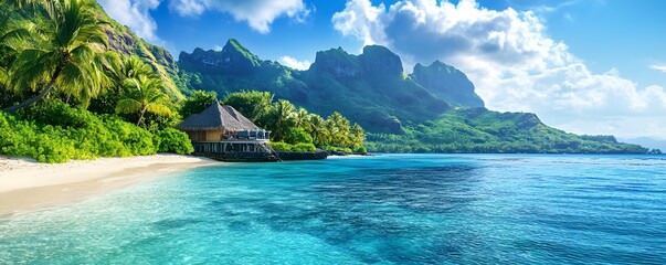 The Mamanuca Islands in Fiji, with an overwater bungalow perched above the turquoise lagoon and tropical greenery in the background
