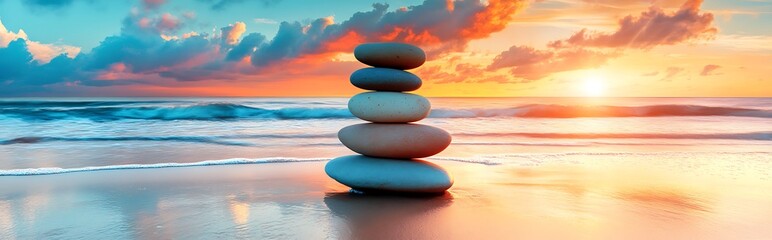balance stack of zen stones on beach during an emotional and peaceful sunset