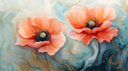 Malowane kwiaty maki, w jasnych pastelowych kolorach, dekoracja ściany tło generative ai 