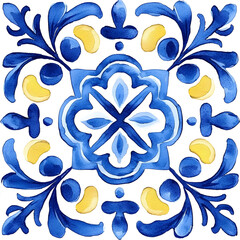 Watercolor artwork, blue and yellow azulejos tile Traditional Portuguese Mosaic