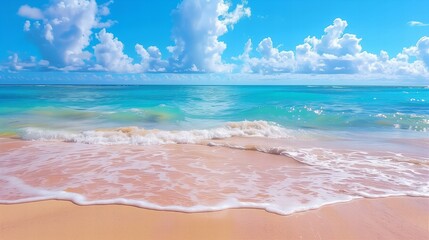 Malowniczy krajobraz plaży z turkusową wodą i złotym piaskiem pod jasnym, pochmurnym niebem