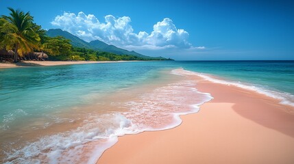 Malownicza piaszczysta plaża z czystą turkusową wodą i bujną zieloną górą w jasnym świetle dziennym