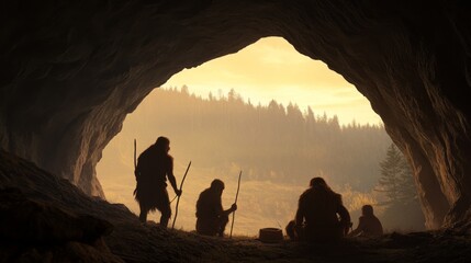 Prehistoric cave dwellers gathering by fire in the dawn. Possible stock use Images for educational resources, history exhibits, or fantasy settings