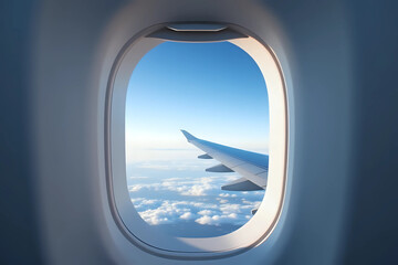 Airplane window with sky background
