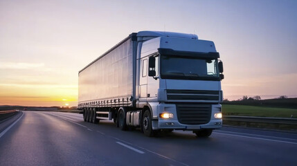 large truck driving on highway during sunset, showcasing its sleek design and powerful presence