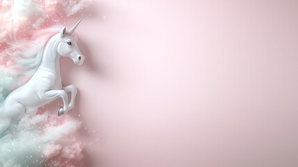 Elegant unicorn on pastel pink background with clouds, fantasy-themed design ideal for magical and whimsical projects.