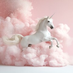 Majestic unicorn jumping through dreamy pink clouds, symbolizing fantasy and magic in a surreal setting.