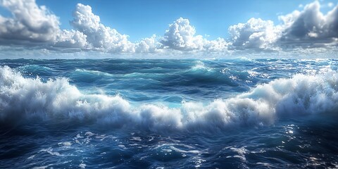 Malowniczy widok na fale oceanu rozbijające się pod błękitnym niebem z puszystymi chmurami w słoneczny dzień