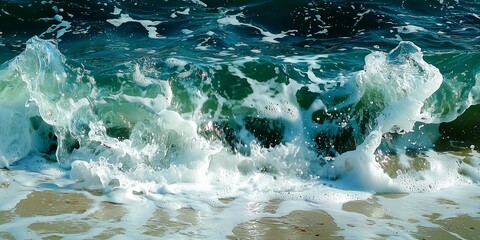 Turkusowa fala oceaniczna rozbijająca się na piaszczystej linii brzegowej w jasnym świetle dziennym z pianką w sprayu