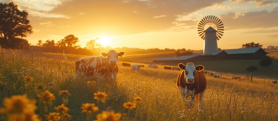 Two cows in a golden sunset farm field with a windmill.