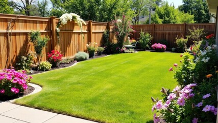 Sunny backyard patio with green grass lawn and wooden fence surrounded by blooming flowers and shrubs, lush greenery, garden decor