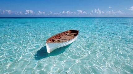Tranquil sea, small boat, clear water, serene beach scene, perfect for travel posters