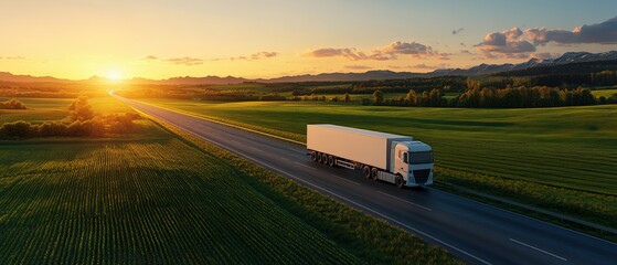 Truck driving on highway at sunset with delivery cargo trucks in motion on the road