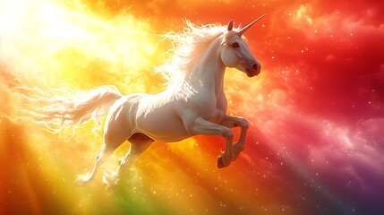 Magical White Unicorn Leaps Through Colorful Sky