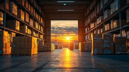 Courier Convenient Loading Standards, Rows of Packages Leading to an Open Industrial Bay Illuminated by Golden Sunset