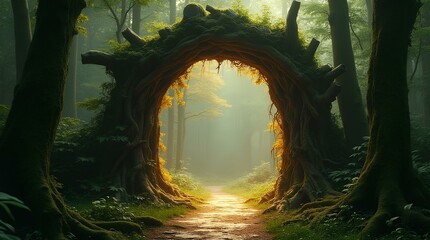 Spectacular fantasy scene with a portal archway covered in creepers. In the fantasy world, ancient magical stone gate show another dimension. Digital art 3D illustration, window entrance in forest