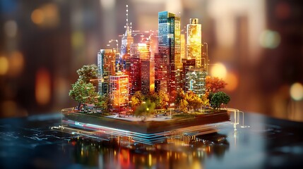 Smart city model, autumn leaves, night lights, futuristic design, tech presentation