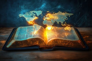 A glowing Bible casting light onto a world map, with pathways of light connecting diverse cultures and continents
