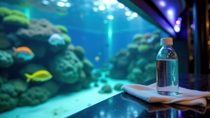 Itchy eyes, Photorealistic aquarium with artificial tears and cleaning cloth on a stand.