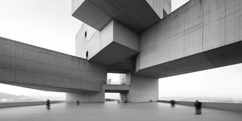 Massive Concrete Monument: Towering Megastructure, Brutalist Architecture, Raw Concrete Surfaces, Geometric and Minimalist Design, Monolithic Construction. Blurred motion. hand edited AI.