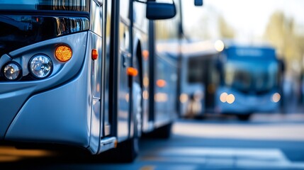 Modern city buses in motion showcasing public transportation in a vibrant urban setting : Generative AI