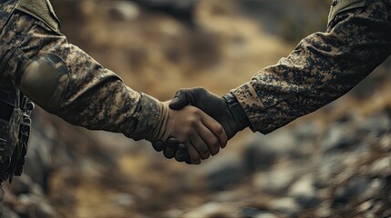 Camouflaged soldiers shake hands, outdoors.