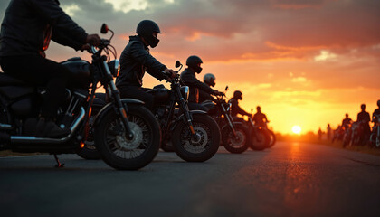 Motorcycle gang meets at sunset. Bikers gather on road, wear helmets, leather jackets. Group of people ride bikes, enjoy freedom, lifestyle, explore route at trip.