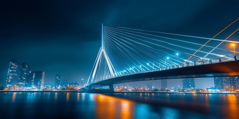 Erasmus bridge crossing the nieuwe maas river in rotterdam at night
