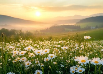 Beautiful meadow with white daisies in spring, sunrise over the mountains, foggy morning. Landscape of a green field full of blooming flowers at dawn. Stock photo, suitable for text placement.