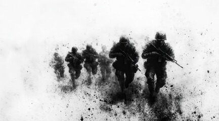 Abstract depiction of soldiers running into battle 