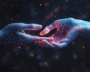 Hands connecting, cosmic background, unity