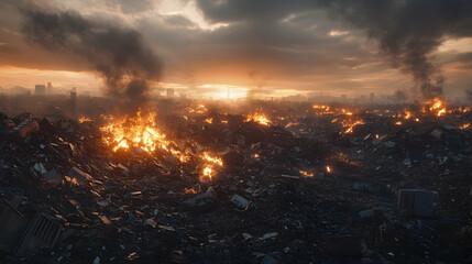 Burning wasteland with flames and smoke in the foreground under an intense, dynamic sunset with a city skyline in the background