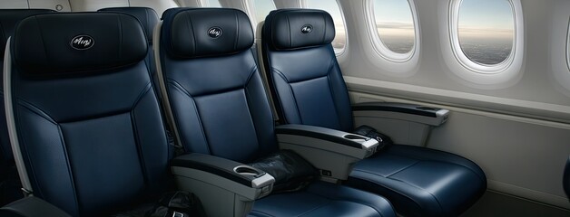 A cozy seating arrangement on an airplane features three seats, providing a serene experience during a twilight flight above the clouds