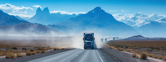 Convoy of trucks driving on desert highway with mountains in the background under clear blue sky