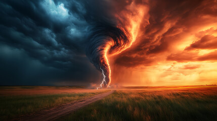 A fierce tornado forming over an open plain, with dramatic lightning striking in the distance 