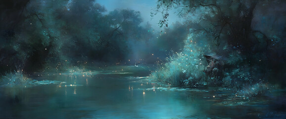 Enchanting fairy by river at night, magical forest background, fantasy art