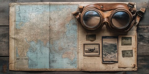 A creative flat lay inspired by Earhart travels: aviator maps, flight goggles, and vintage postcards