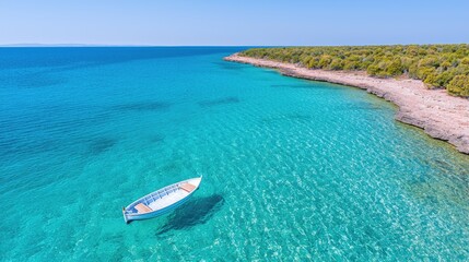 Turquoise coastal waters with small boat, aerial view