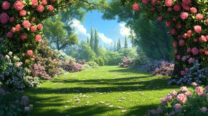Idyllic rose garden path, sunlit meadow, blooming flowers.