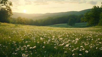 Secluded Appalachian meadow with blooming wildflowers lush greenery peaceful scene
