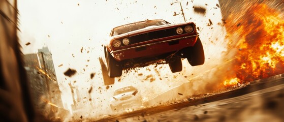 A classic muscle car soars ahead amidst an urban explosion, embodying speed, adrenaline, and the thrill of a high-octane chase.
