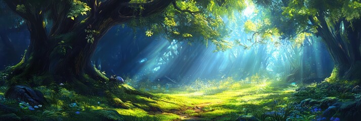 Sunlit forest path, green meadow, fantasy background, game design