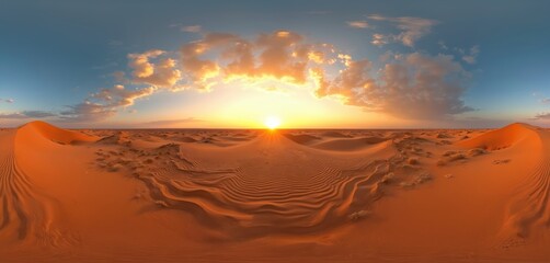 Vast HDRI 360 panorama of sandy desert landscape at sunset. Intricate patterns of dunes, warm sunlight glow, blue sky, horizon in natural gold scenery. Tranquil serene sand, orange sand textures,