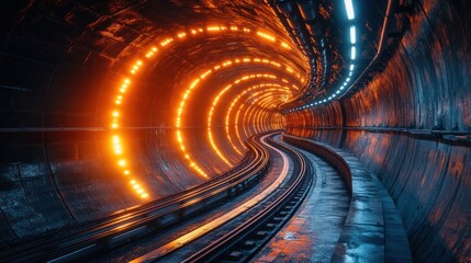 Neon tunnel, winding pathway, underground, futuristic city