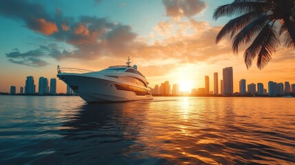 Luxury yacht sailing towards miami skyline at sunset with palm tree