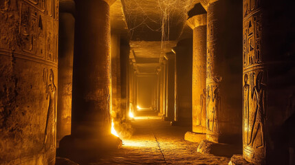 Dark dungeon in abandoned Egyptian palace. Vector cartoon illustration of corridor inside ancient template illuminated by fire, dust and spider web on pillars, mysterious neon hieroglyphs on walls