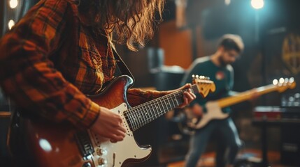 Musicians jamming in a vibrant rehearsal space
