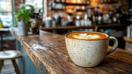 Latte art coffee cup on rustic cafe counter, busy bar in background